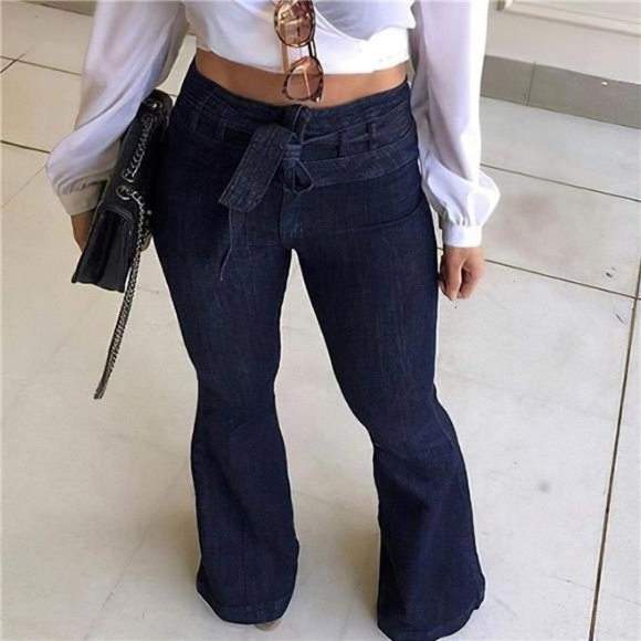 Dark Wash High Waist Bell Bottom Flare Jeans Wide Leg Belted Bow Denim Pants - Picture 3 of 6